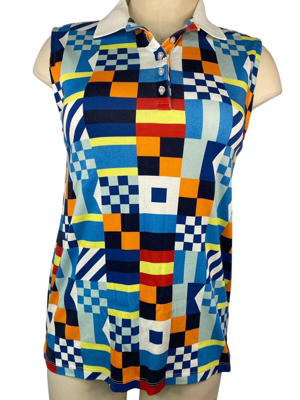 Lands End Sleeveless Geometric Print Polo Top - Blue Multicolor Women’s Small